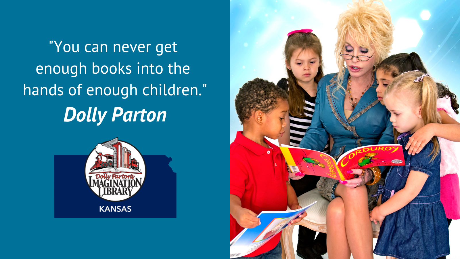 Dolly Parton Imagination Library Social Media image with Dolly reading to children